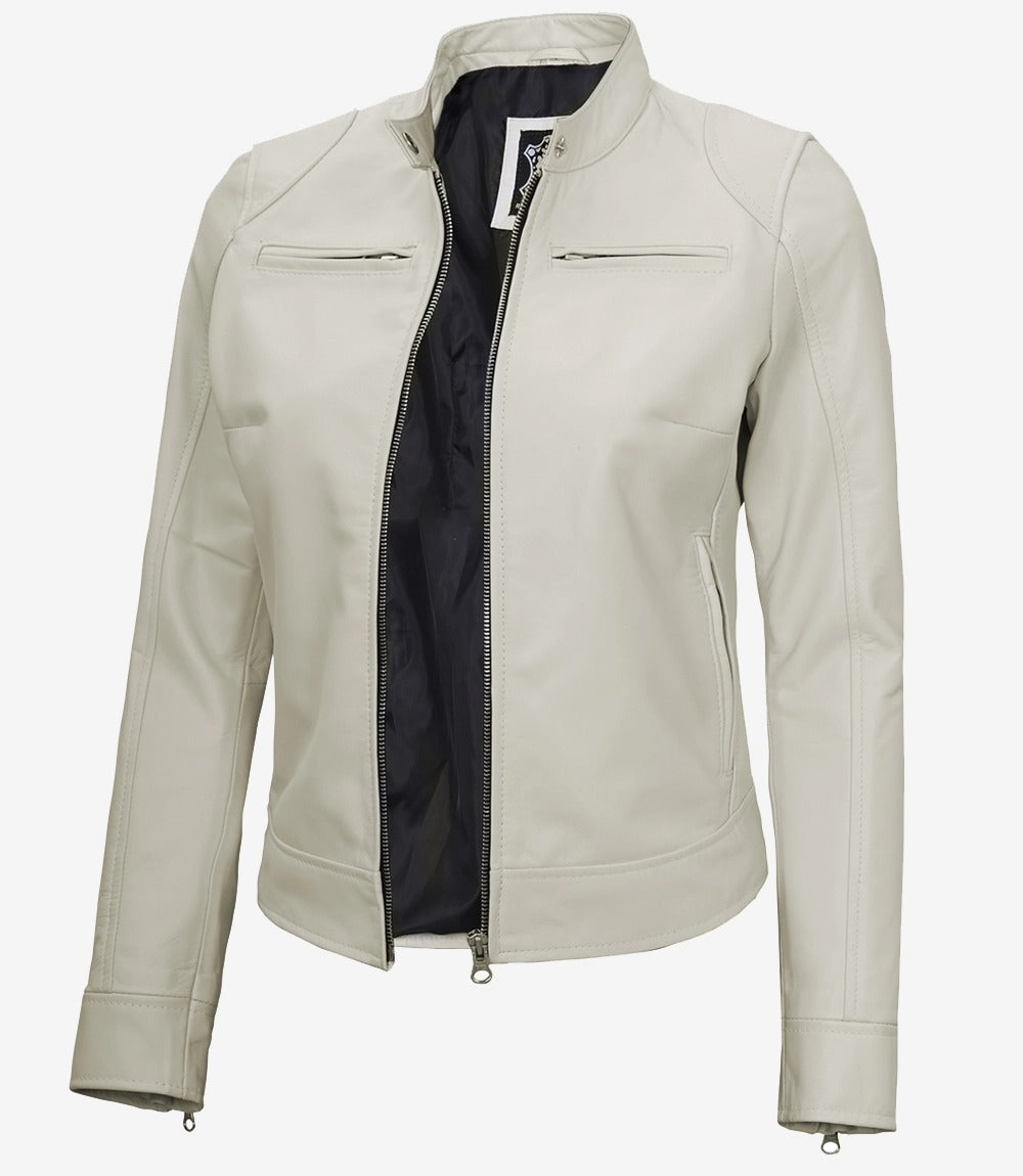 Women's Cafe Racer Off White Leather Jacket Jacket Stores