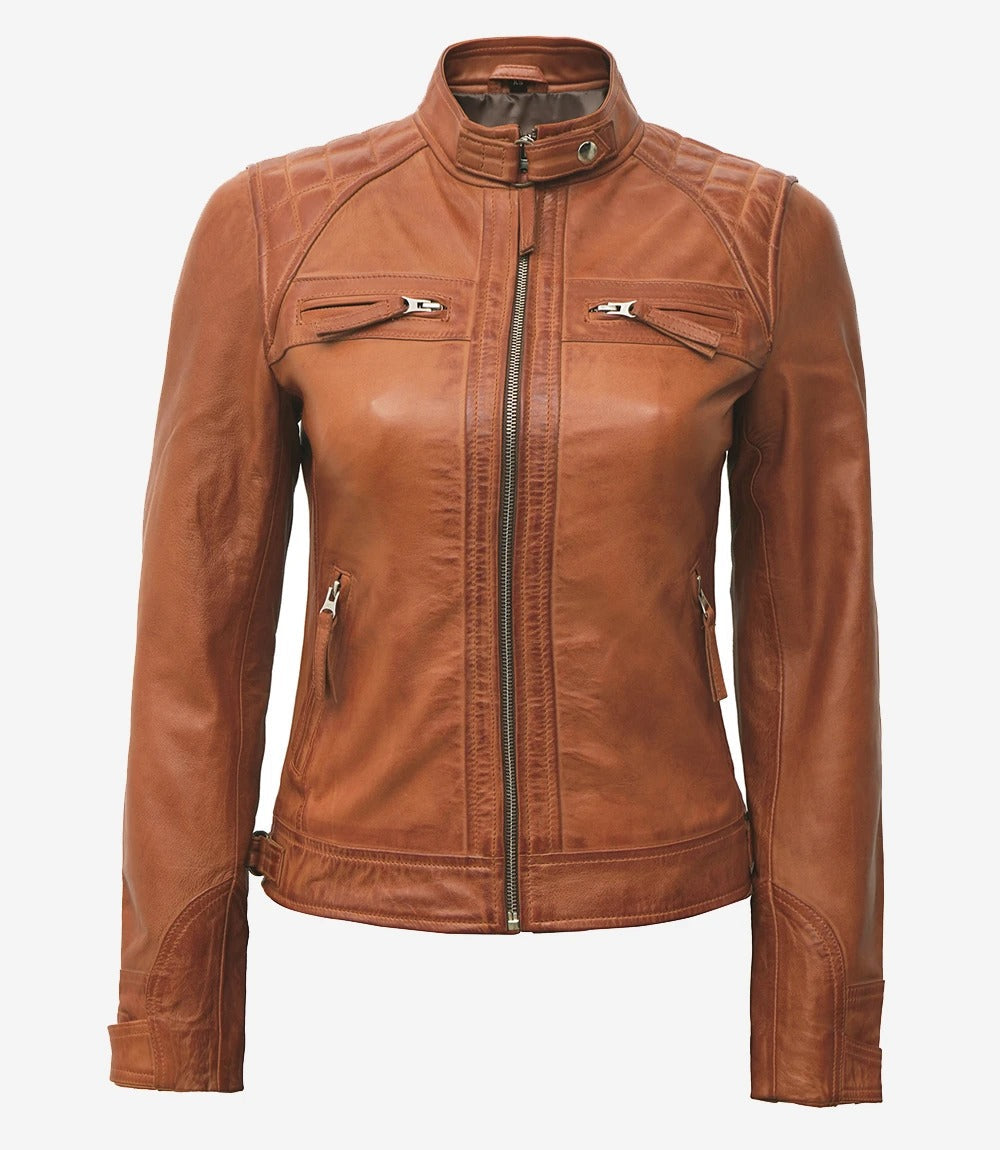 Womens Tan Quilted Real Lambskin Leather Biker Jacket Jacket Stores