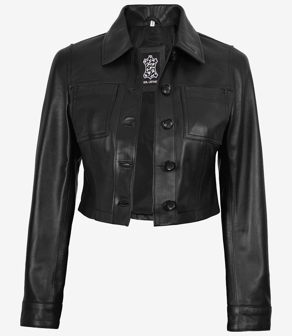 Womens Black Cropped Leather Jacket Jacket Stores