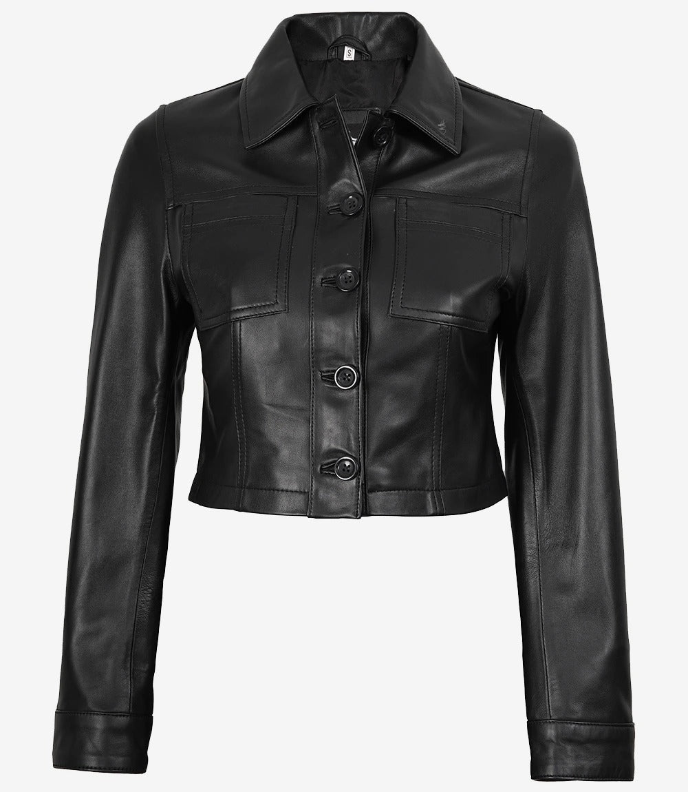 Womens Black Cropped Leather Jacket Jacket Stores
