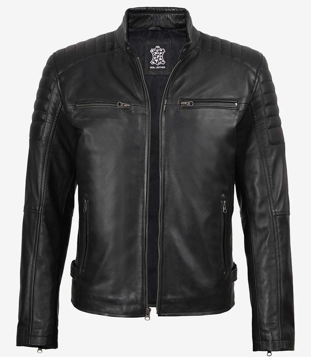 Men's Black Style Biker Leather Jacket with Padded Shoulders Jacket Stores