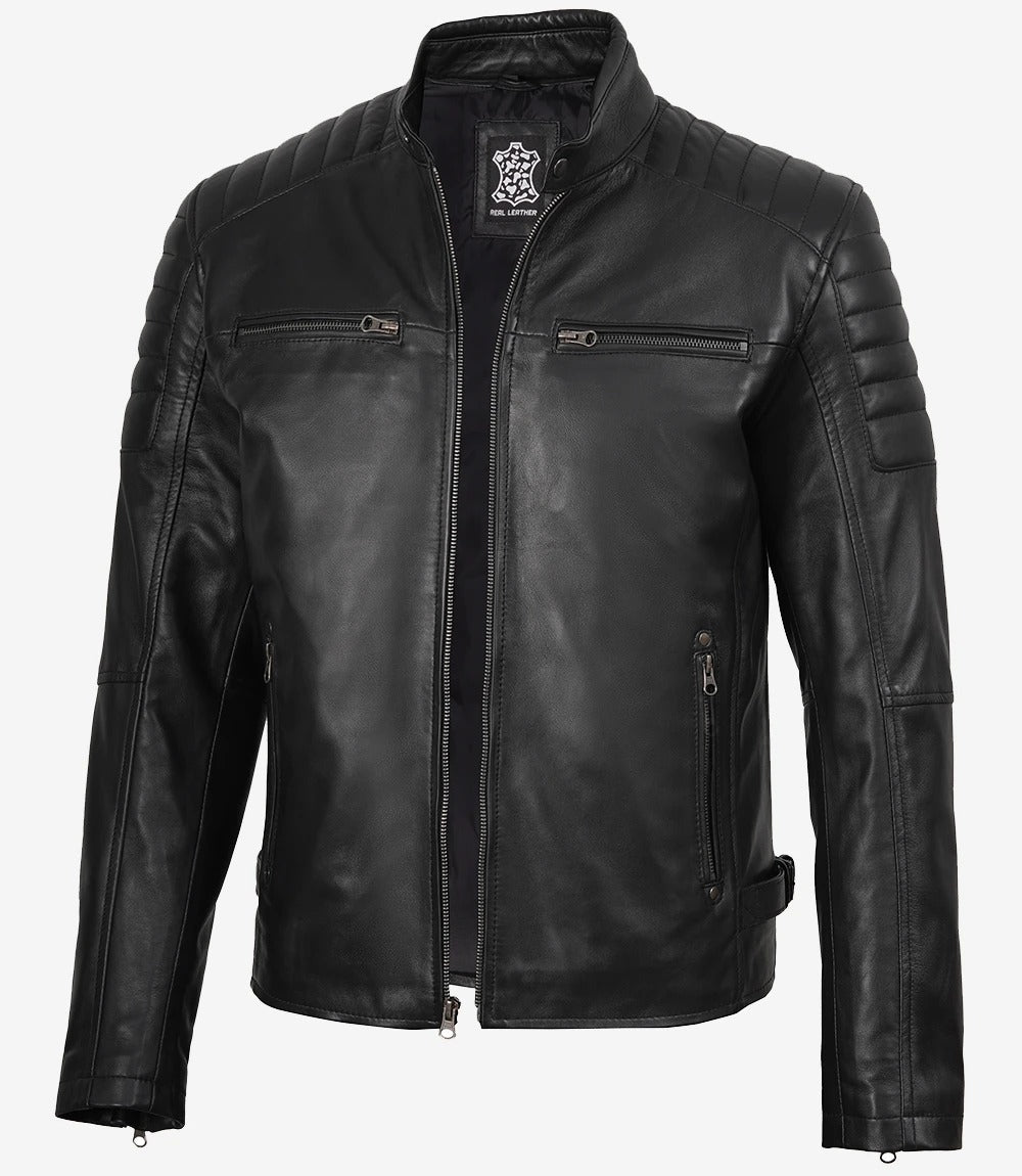 Men's Black Style Biker Leather Jacket with Padded Shoulders Jacket Stores