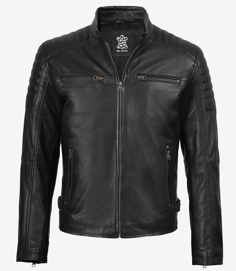 Men's Black Style Biker Leather Jacket with Padded Shoulders Jacket Stores