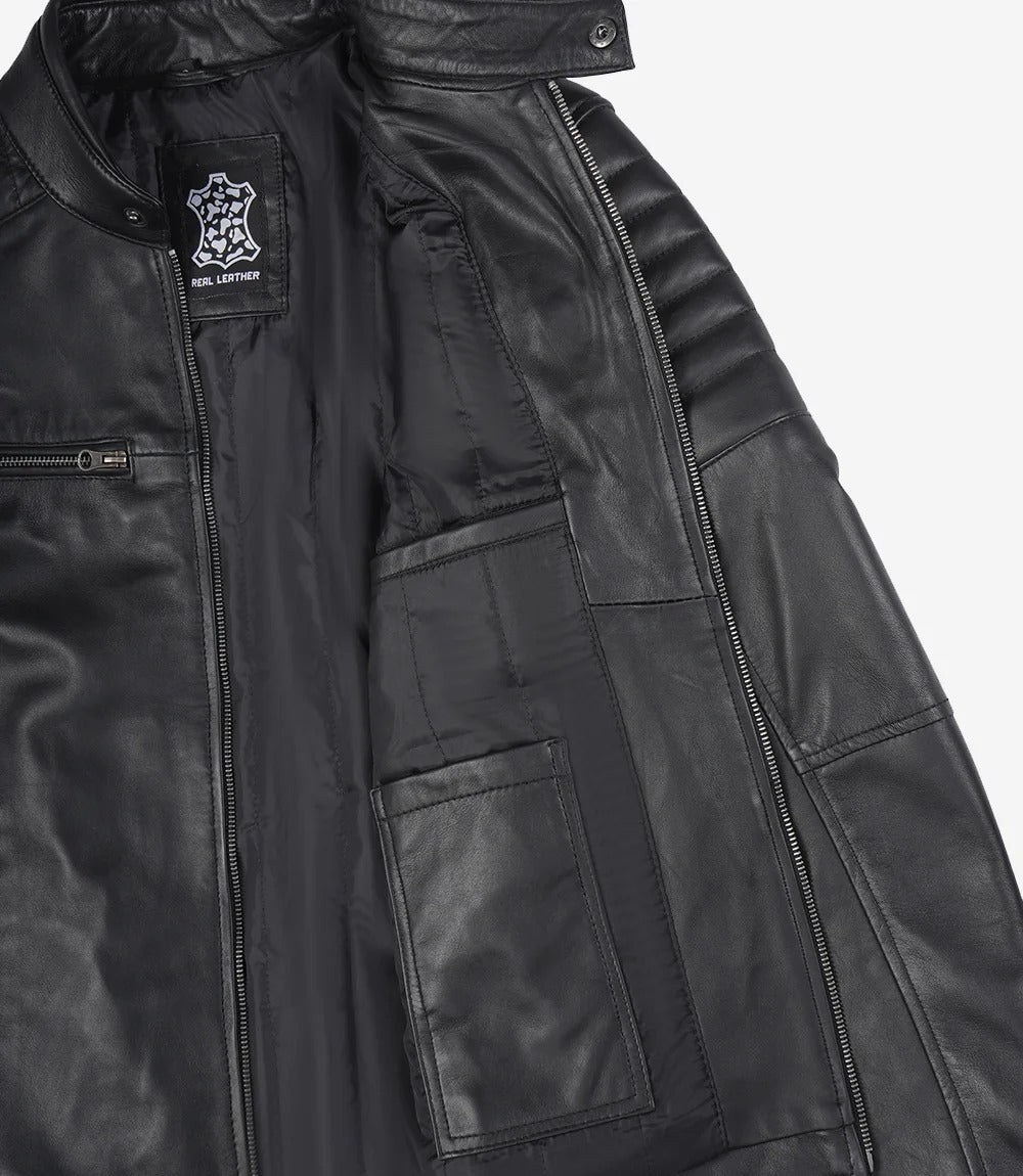 Men's Black Style Biker Leather Jacket with Padded Shoulders Jacket Stores