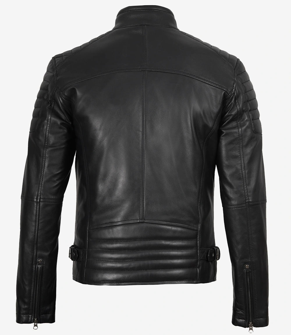Men's Black Style Biker Leather Jacket with Padded Shoulders Jacket Stores