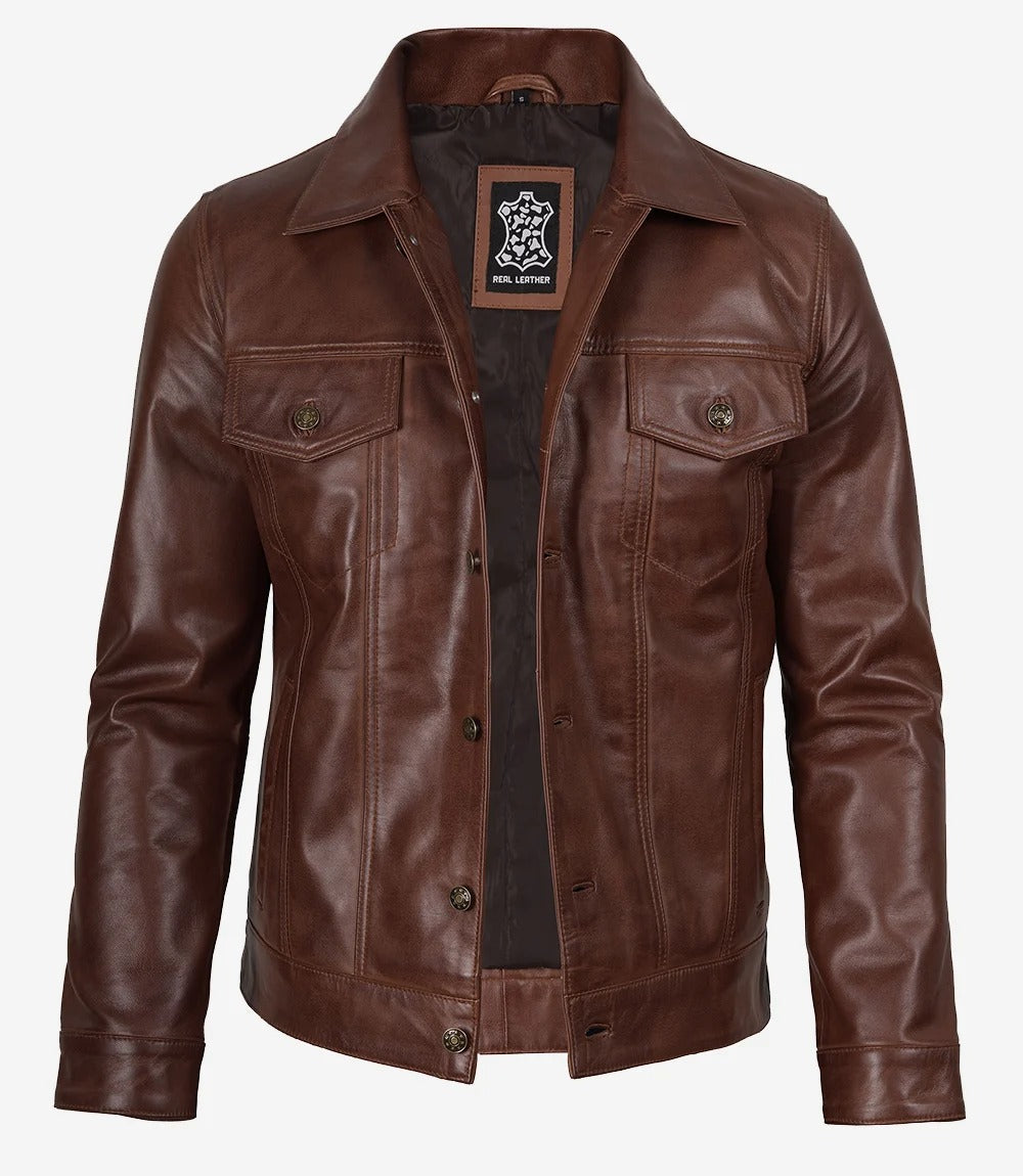 Men's Cognac Classic Shirt Style Trucker Leather Jacket Jacket Stores