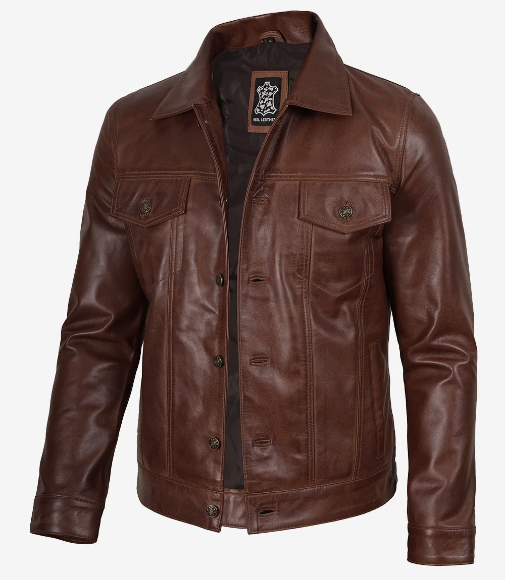 Men's Cognac Classic Shirt Style Trucker Leather Jacket Jacket Stores