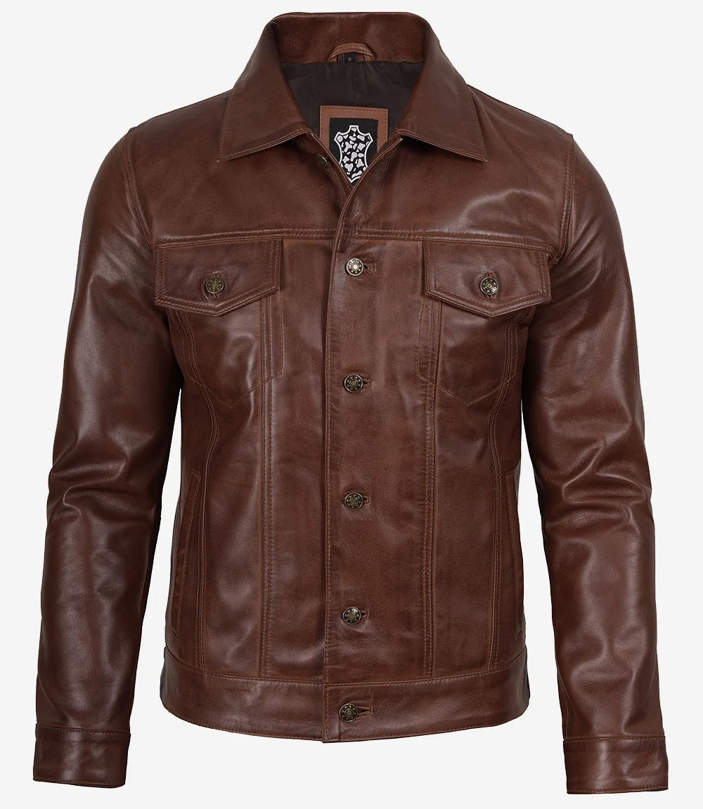 Men's Cognac Classic Shirt Style Trucker Leather Jacket Jacket Stores