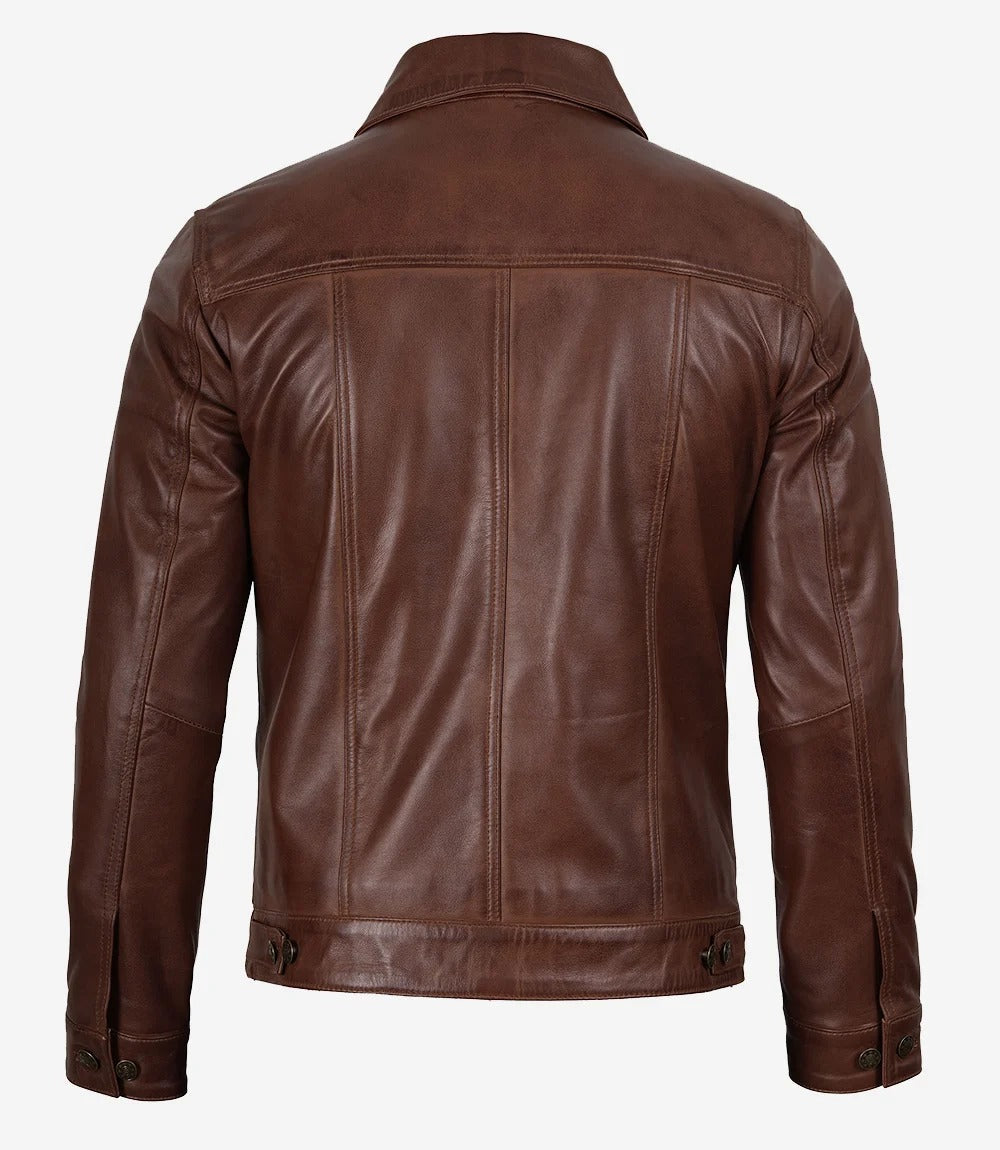 Men's Cognac Classic Shirt Style Trucker Leather Jacket Jacket Stores