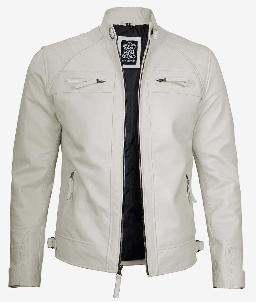 Men's Cafe Racer Off White Leather Jacket Jacket Stores