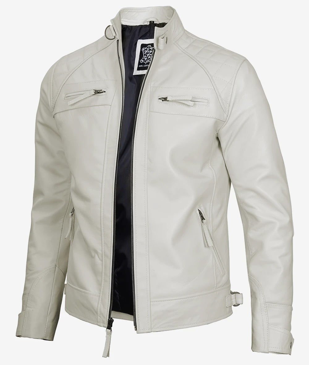 Men's Cafe Racer Off White Leather Jacket Jacket Stores