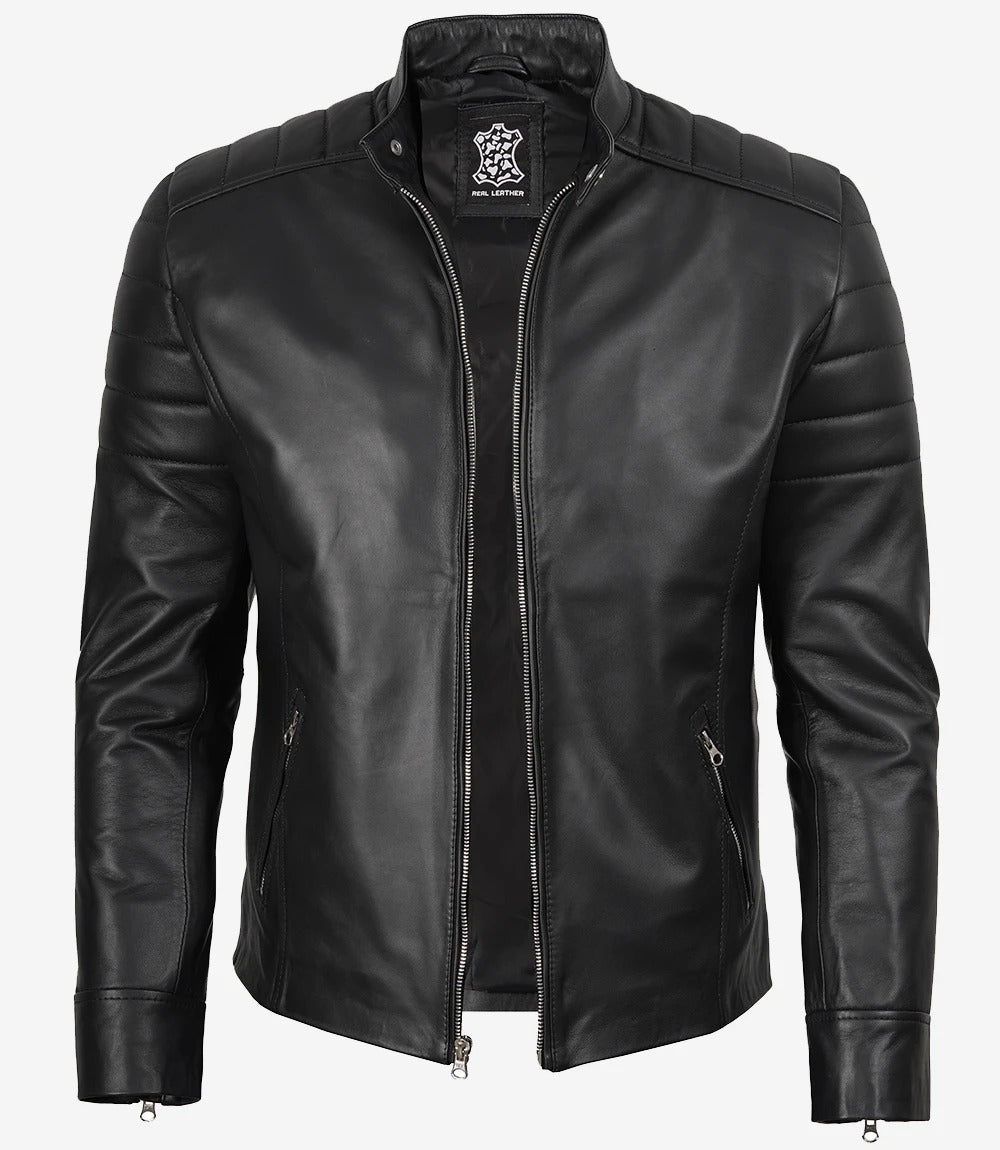 Men's Black Lambskin Cafe Racer Leather Jacket Jacket Stores