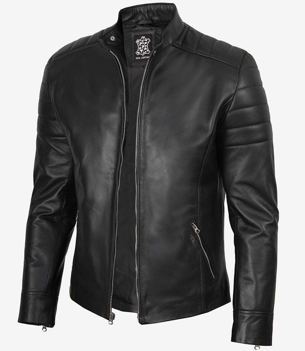 Men's Black Lambskin Cafe Racer Leather Jacket Jacket Stores