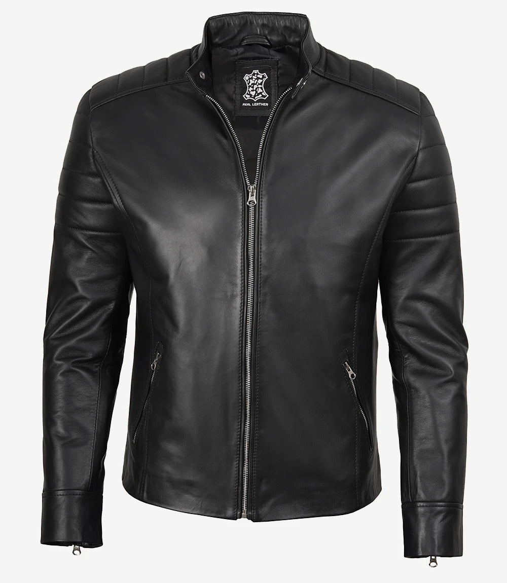 Men's Black Lambskin Cafe Racer Leather Jacket Jacket Stores